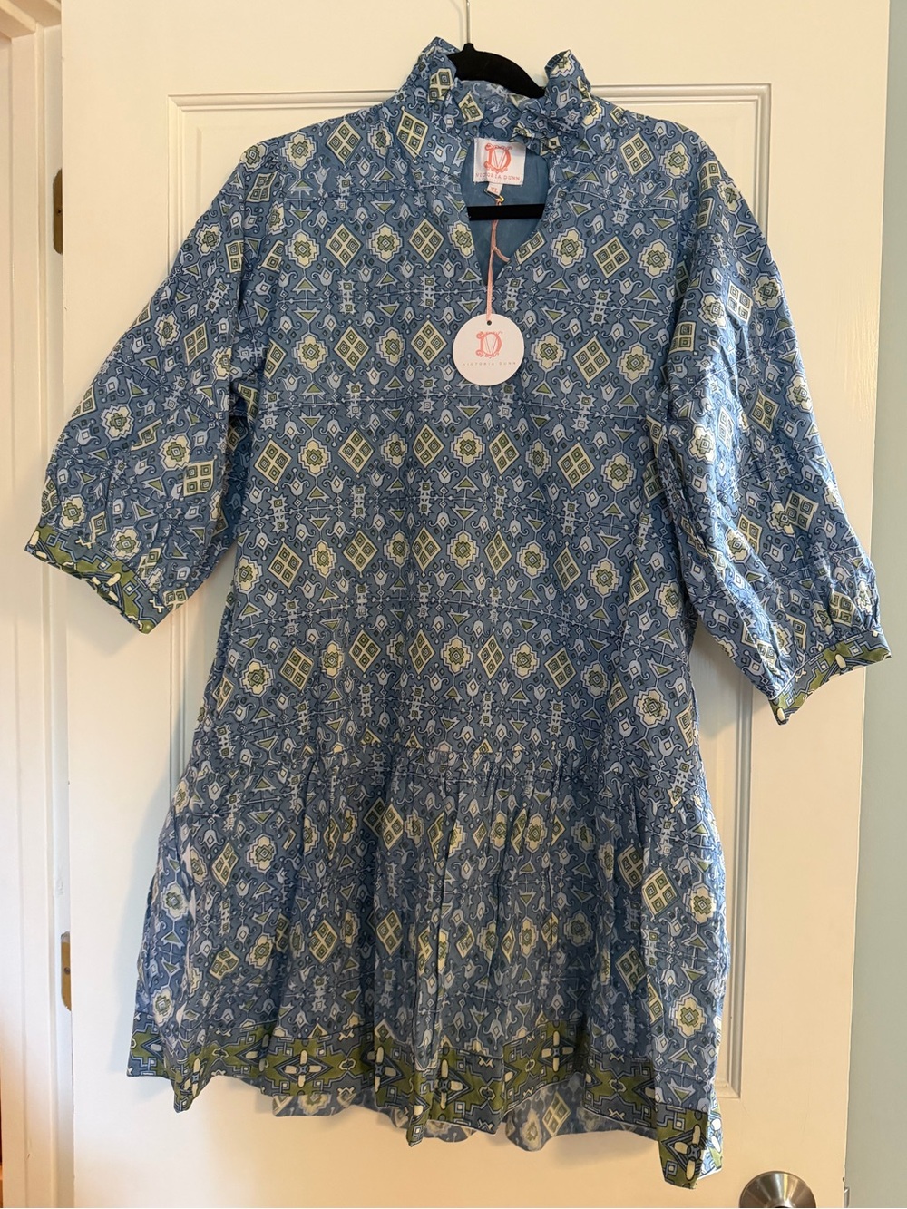 Victoria Dunn Blue Printed Tiered Cotton Dress with Green Accents